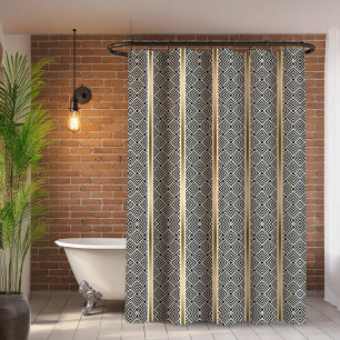 White On Black Modern Geometric Maze Pattern Shower Curtain