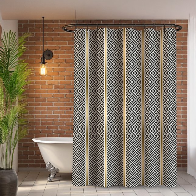 White On Black Modern Geometric Maze Pattern Shower Curtain (Creator Uploaded)