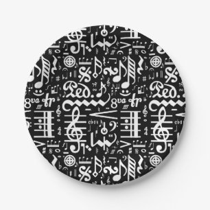 White on Black Musical Symbols Paper Plates