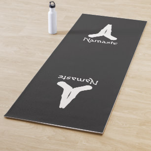 White on Black Namaste Mudra Hands Yoga Mat