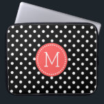 White On Black Polka Dot Coral-red Accents Laptop Sleeve<br><div class="desc">Elegant white polka-dot pattern over customisable black background colour. Coral-red circles accent with customisable and optional monogram.</div>