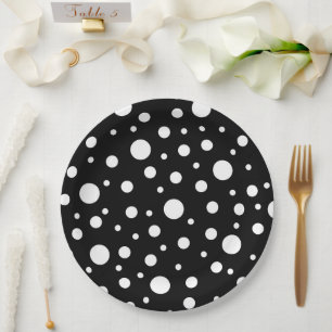 White on Black Polka Dot Pattern Paper Plate