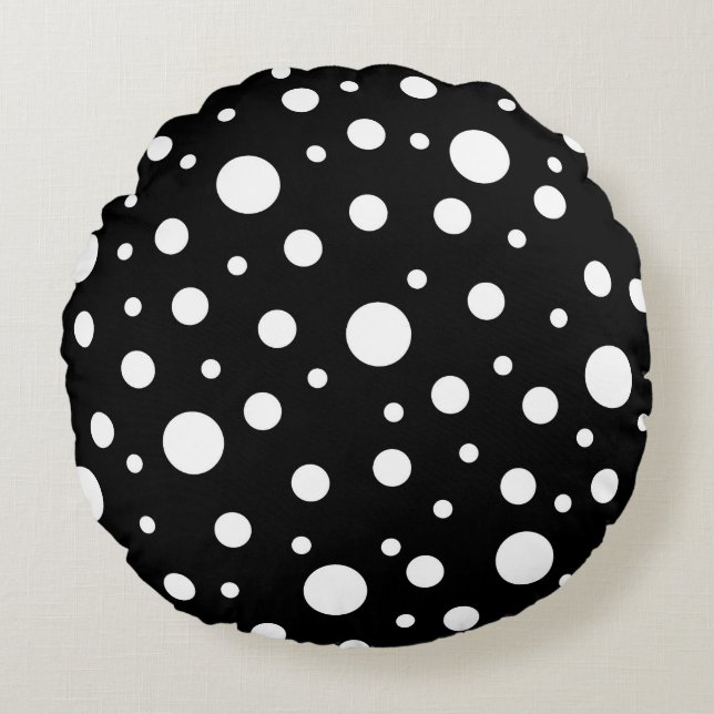 White on Black Polka Dot Pattern Round Cushion (Front)