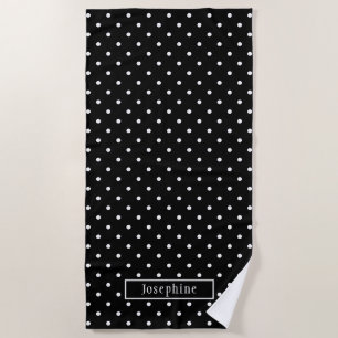 White On Black Polka Dots Pattern With Custom Name Beach Towel