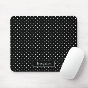 White On Black Polka Dots Pattern With Custom Name Mouse Pad