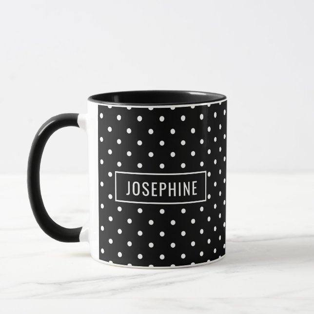White On Black Polka Dots Pattern With Custom Name Mug (Left)