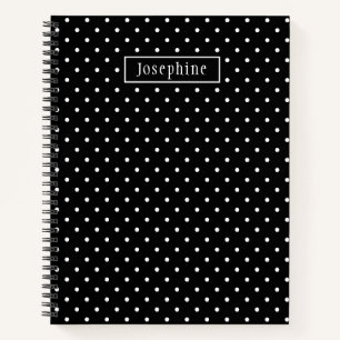 White On Black Polka Dots Pattern With Custom Name Notebook