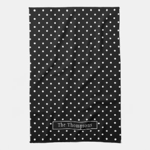 White On Black Polka Dots Pattern With Custom Name Tea Towel