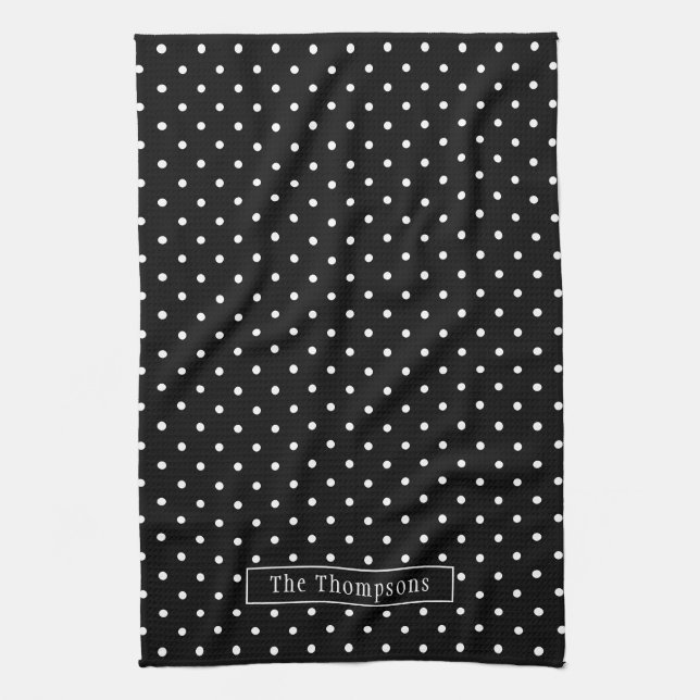 White On Black Polka Dots Pattern With Custom Name Tea Towel (Vertical)