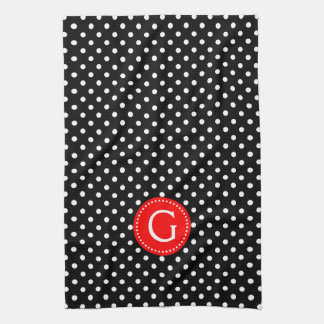 White On Black Polka Dots Red Accent Tea Towel