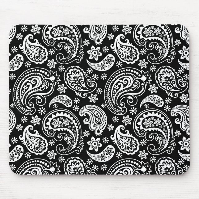 White On Black Retro Ornate Paisley Pattern Design Mouse Pad (Front)