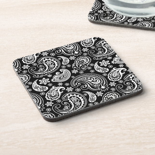 White On Black Retro  Paisley Pattern Coaster (Left Side)