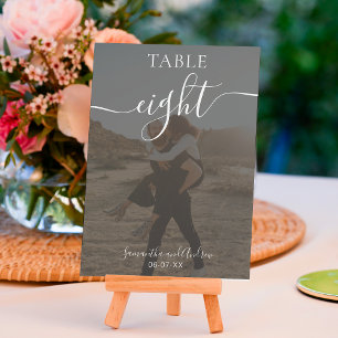 White on black script names photos wedding table number