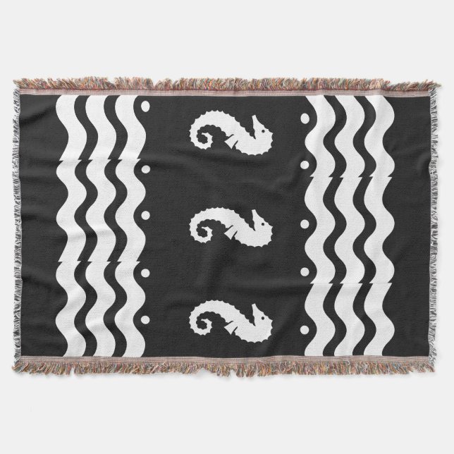 WHITE on black SEA HORSE coastal living Throw Blanket (Front)
