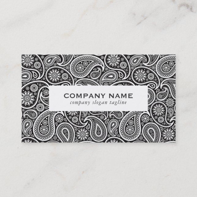 White On Black Vintage Paisley Pattern Business Card (Front)
