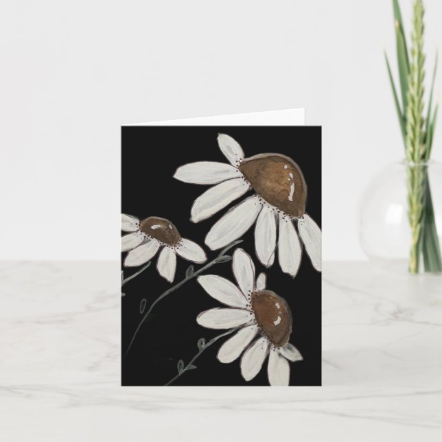 White on black watercolor daisies - folded blank card (Front)