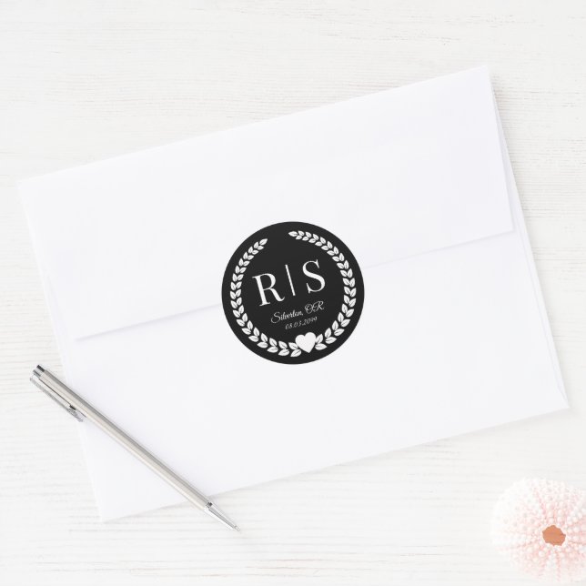 White on Black Wedding Monogram Initials Classic Round Sticker (Envelope)