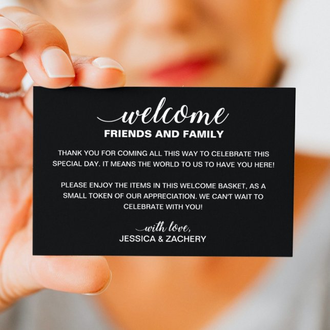 White On Black Wedding Welcome Gift Bag Basket Place Card (Creator Uploaded)