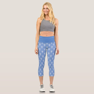 White on blue art-deco pattern capri leggings