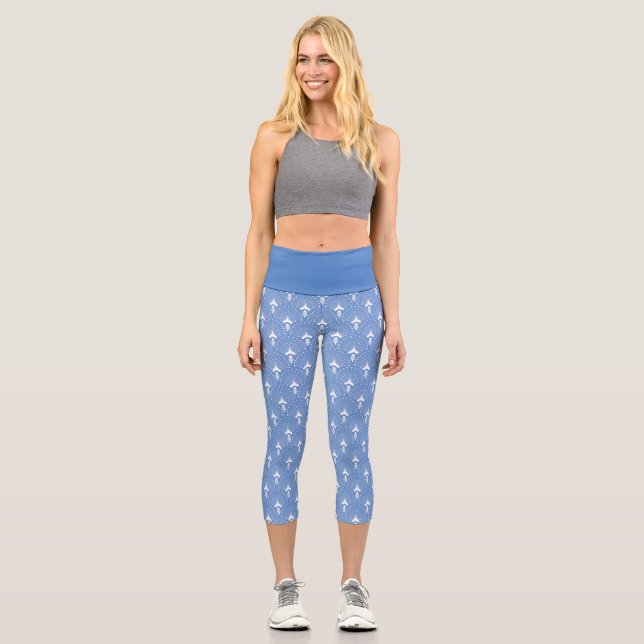 White on blue art-deco pattern capri leggings (Front)