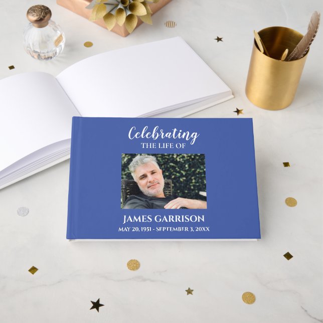 White on Blue Celebration of Life With Photo Guest Book (Front Open)