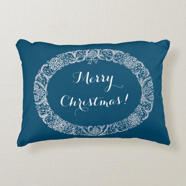 White on Blue Christmas Wreath to Customise Decorative Cushion (Front)