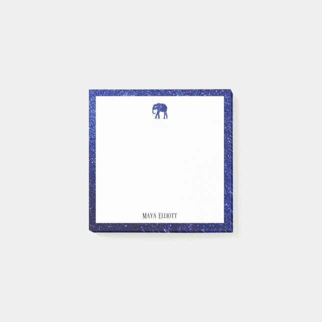 White on Blue Faux Glitter Elephant & Border, Name Post-it Notes (Front)