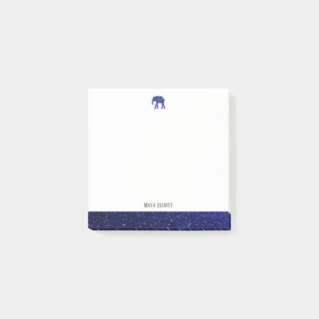 White on Blue Faux Glitter Elephant & Border, Name Post-it Notes (Front)