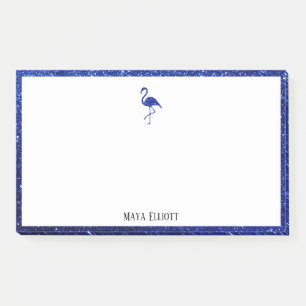 White on Blue Faux Glitter Flamingo & Border, Name Post-it Notes