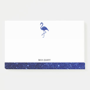 White on Blue Faux Glitter Flamingo & Border, Name Post-it Notes