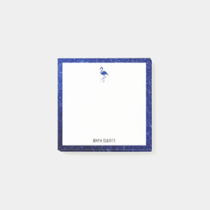 White on Blue Faux Glitter Flamingo & Border, Name Post-it Notes