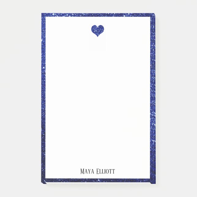 White on Blue Faux Glitter Heart & Border, Name Post-it Notes (Front)