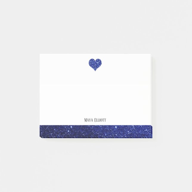 White on Blue Faux Glitter Heart & Border, Name Post-it Notes (Front)
