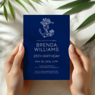 White on Blue Floral Blue Anchor Birthday Party Invitation