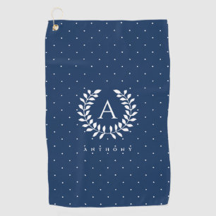 White On Blue Laurel Monogram Polka Dot Pattern Golf Towel