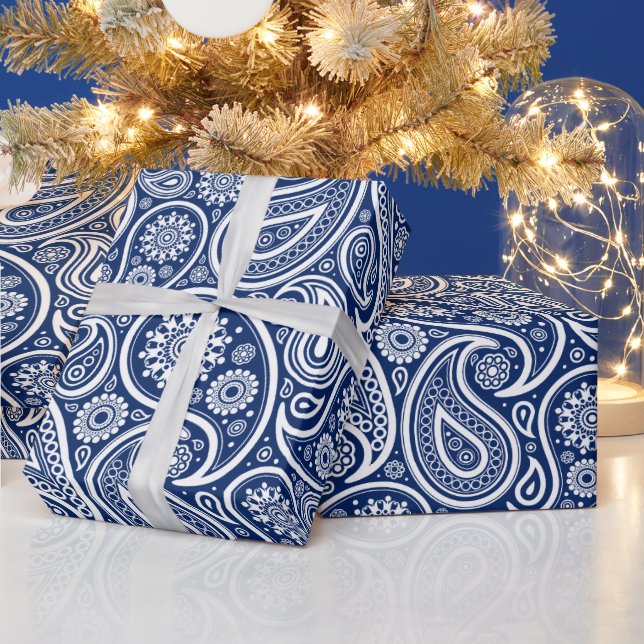 White on blue vintage paisley pattern wrapping paper (Holidays)