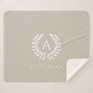 White On Cool Beige Laurel Monogram Polka Dots Sherpa Blanket