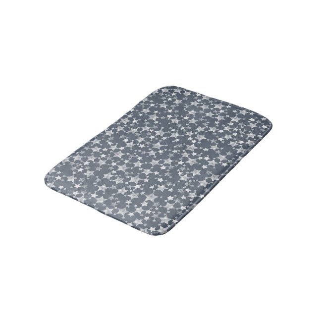 White on Dark Blue-Grey | Lino Print Stars Pattern Bath Mat (Angled)