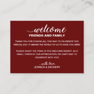 White On Dark Red Wedding Welcome Gift Bag Basket Place Card
