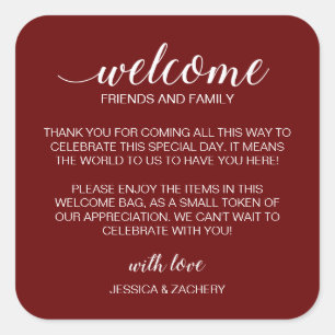 White on Dark Red Wedding Welcome Gift Bag Basket Square Sticker