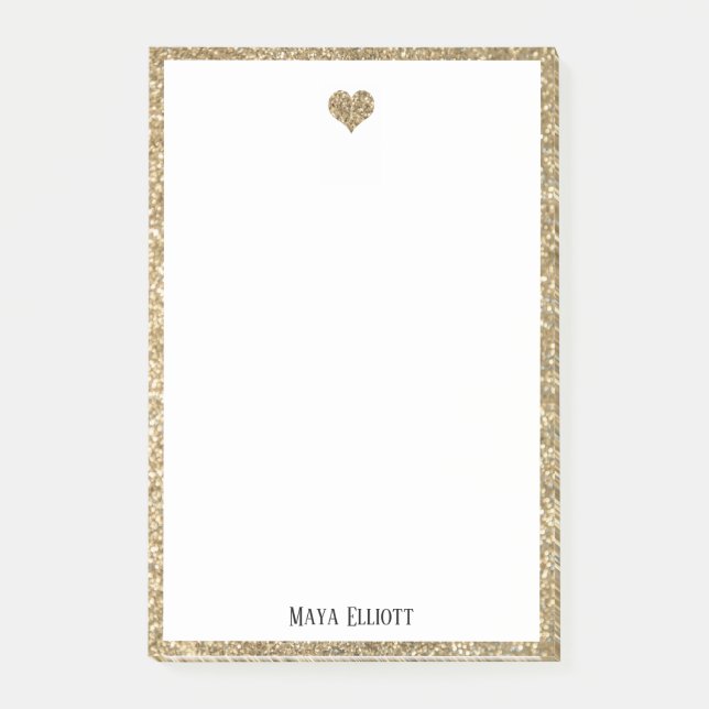 White on Gold Faux Glitter Heart & Border Post-it Notes (Front)