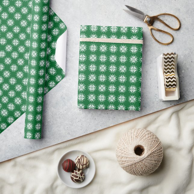 White on Green Nordic Sweater Snowflake Pattern Wrapping Paper (Crafts)