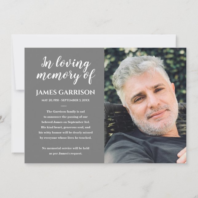 White On Grey In Loving Memory Photo Announcement (Front)