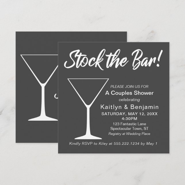 White on Grey Stock the Bar Script Couples Shower Invitation (Front/Back)