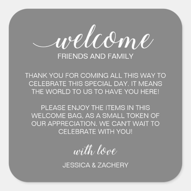 White on Grey Wedding Welcome Gift Bag Basket Square Sticker (Front)