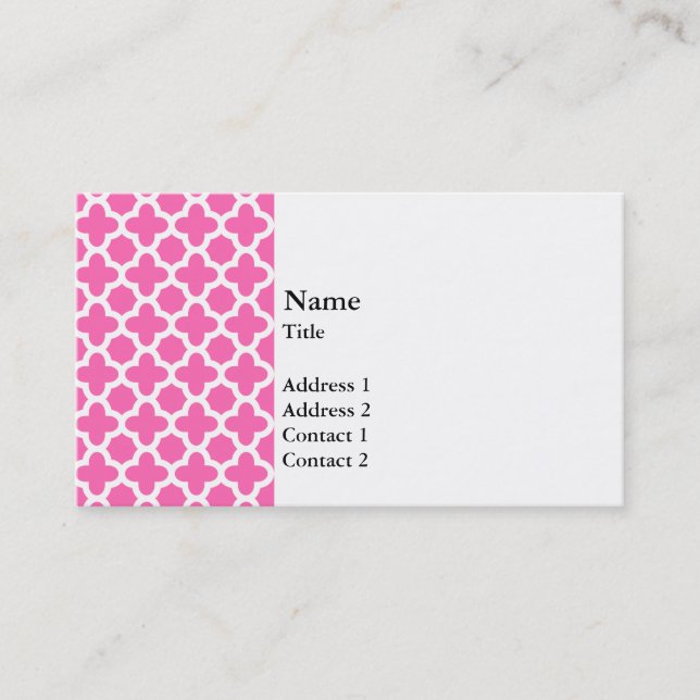 White on Hot Pink Quatrefoil Pattern Business Card (Front)