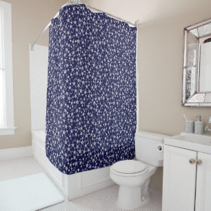 White on Midnight Blue   Lino Print Stars Pattern Shower Curtain