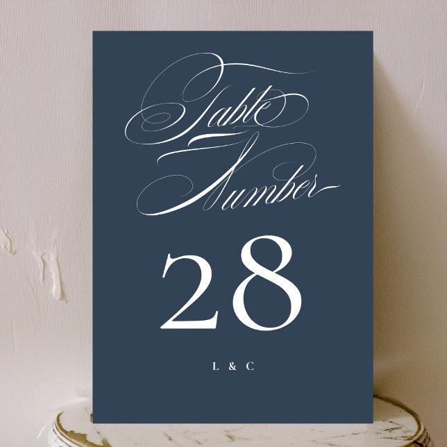 White on Navy Elegant Wedding 5 x 7 Table Number (Creator Uploaded)
