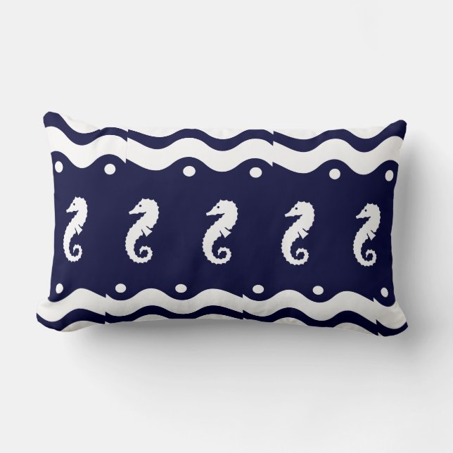 white on navy  SEA HORSE   coastal living Lumbar Cushion (Front)