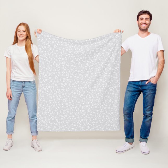 White on Pale Grey | Lino Print Stars Pattern Fleece Blanket (In Situ)